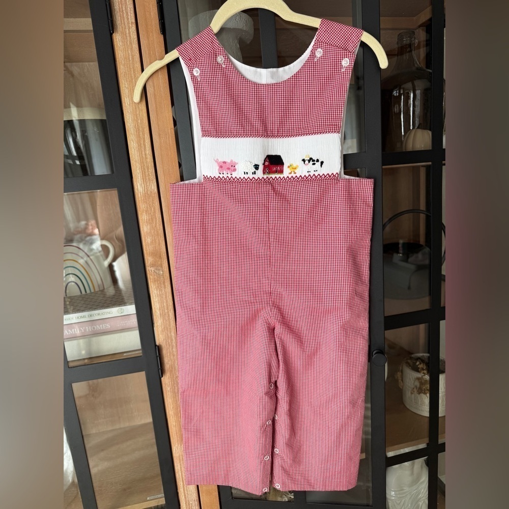 Farm animals smocked jon jon longall romper jumpsuit toddler boy cow pig barn